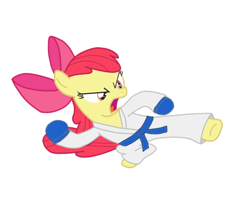 Size: 584x474 | Tagged: artist needed, safe, character:apple bloom, species:pony, blue belt, clothing, female, fingerless gloves, gi, gloves, karate, kicking, martial arts, robe, solo