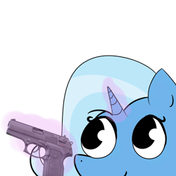 Size: 700x700 | Tagged: artist needed, safe, character:trixie, species:pony, species:unicorn, delet this, female, gun, handgun, magic, mare, pistol, reaction image, simple background, solo, telekinesis, transparent background, weapon