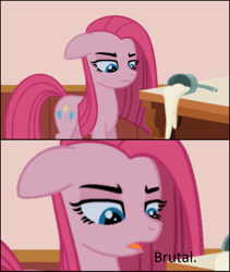 Size: 923x1095 | Tagged: artist needed, safe, character:pinkamena diane pie, character:pinkie pie, species:earth pony, species:pony, /mlp/, 4chan, brutal, comic, dialogue, drawthread, female, flour, mare, open mouth, solo