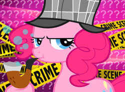 Size: 1140x840 | Tagged: artist needed, safe, character:pinkie pie, episode:mmmystery on the friendship express, g4, my little pony: friendship is magic, bubble pipe, card sleeve, clothing, crime scene, deerstalker, detective, hat, pipe, solo