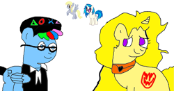 Size: 1237x646 | Tagged: artist needed, safe, character:derpy hooves, character:dj pon-3, character:vinyl scratch, oc, species:pegasus, species:pony, species:unicorn, 1000 hours in ms paint, choker, clothing, female, glasses, hat, male, mare, simple background, stallion, white background