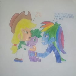 Size: 1568x1574 | Tagged: artist needed, safe, character:applejack, character:rainbow dash, character:spike, ship:applespike, ship:rainbowspike, my little pony:equestria girls, angry, applespikedash, bisexual, female, fight, human spike, lesbian, male, nervous, polyamory, shipping, spanish, spike gets all the mares, straight, traditional art