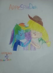 Size: 1492x2075 | Tagged: artist needed, safe, character:applejack, character:rainbow dash, character:spike, ship:applespike, ship:rainbowspike, my little pony:equestria girls, applespikedash, eyes closed, female, holiday, hug, kiss on the cheek, kiss sandwich, kissing, lesbian, lesbian in front of boys, love, love triangle, lucky bastard, male, polyamory, shipping, smiley face, spike gets all the mares, straight, thanksgiving, traditional art