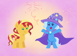 Size: 594x430 | Tagged: safe, artist:doodledaydreamer-mlp, character:sunset shimmer, character:trixie, species:pony, species:unicorn, fireworks, gradient background, magic, unamused