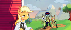 Size: 2047x869 | Tagged: safe, artist:anontheanon, artist:arzt-korkenzieher, edit, character:applejack, oc, species:earth pony, species:pony, applejack's plantation, bipedal, boots, classicide, clothing, female, gun, kulak, male, military uniform, nkvd, pps-43, red army, semi-anthro, shoes, soviet union, this will end in communism, weapon
