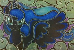 Size: 713x480 | Tagged: artist needed, source needed, safe, character:princess luna, abstract background, solo, traditional art