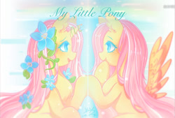 Size: 798x540 | Tagged: artist needed, source needed, safe, character:fluttershy, species:pegasus, species:pony, species:unicorn, g4, g5 leak, leak, duality, eye contact, female, flower, flower in hair, fluttershy (g5), g4 to g5, generational ponidox, looking at each other, mare, self ponidox, smiling, spread wings, title drop, unicorn fluttershy, wings