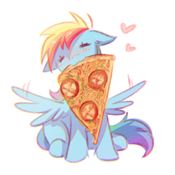 Size: 1050x1050 | Tagged: artist needed, safe, character:rainbow dash, species:pegasus, species:pony, /mlp/, blushing, cute, dashabetes, drawthread, female, food, heart, mouth hold, nom, pizza, simple background, sitting, solo, spread wings, that pony sure does love pizza, white background, wings