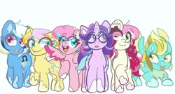 Size: 1080x579 | Tagged: artist needed, source needed, safe, character:blues, character:lightning dust, character:noteworthy, character:pinkie pie, character:roseluck, character:starlight glimmer, species:earth pony, species:pegasus, species:pony, species:unicorn, g5 leak, leak, female, glasses, happy, hooves, mare, pegasus pinkie pie, pinkie pie (g5), race swap, raised hoof, redesign, simple background, smiling, spread wings, wings