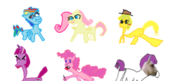 Size: 1434x663 | Tagged: artist needed, safe, character:applejack, character:fluttershy, character:pinkie pie, character:rainbow dash, character:rarity, character:twilight sparkle, species:pony, 1000 hours in ms paint, background pony strikes again, creepy, downvote bait, mane six, simple background, wat, white background