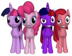 Size: 1760x1380 | Tagged: artist needed, safe, character:pinkamena diane pie, character:pinkie pie, character:twilight sparkle, character:twilight sparkle (alicorn), species:alicorn, species:earth pony, species:pony, 3d, anti-hero, anti-heroine, brutalight sparcake, element of laughter, element of magic, elements of harmony, elements of insanity, female, grin, hero, heroine, mare, pinkis cupcake, smiling, smiling at you, source filmmaker, tomboy, wild card