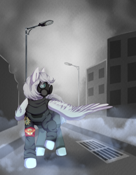 Size: 3500x4500 | Tagged: artist needed, source needed, safe, oc, oc:light knight, species:pegasus, species:pony, armband, city, clothing, fog, gas mask, mask