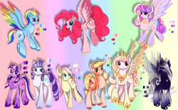 Size: 1743x1080 | Tagged: artist needed, source needed, safe, character:applejack, character:fluttershy, character:pinkie pie, character:princess cadance, character:princess celestia, character:princess luna, character:rainbow dash, character:rarity, character:twilight sparkle, character:twilight sparkle (unicorn), species:alicorn, species:bat pony, species:earth pony, species:pegasus, species:pony, species:unicorn, g5 leak, leak, applejack (g5), bat pony alicorn, clothing, coat markings, colored hooves, colored wings, crown, earth pony fluttershy, female, fluttershy (g5), flying, glasses, hat, hooves, jewelry, mane six, mane six (g5 leak), mare, multicolored hooves, multicolored wings, necklace, pegasus pinkie pie, pinkie pie (g5), princess celestia (g5), princess luna (g5), race swap, rainbow dash (g5), rainbow wings, raised hoof, rarity (g5), redesign, regalia, simple background, smiling, spread wings, twilight sparkle (g5), wings