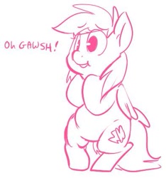 Size: 393x420 | Tagged: artist needed, source needed, safe, character:rainbow dash, bipedal, chubby, chubby dash, featureless crotch, lineart, monochrome, simple background, solo, speech, white background