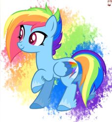 Size: 987x1080 | Tagged: artist needed, source needed, safe, artist:whiteplumage白羽, character:rainbow dash, species:pegasus, species:pony, g5 leak, leak, colored wings, female, hooves, mare, multicolored wings, rainbow dash (g5), rainbow wings, raised hoof, redesign, simple background, smiling, solo, wings