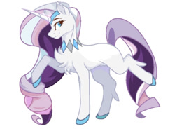 Size: 725x533 | Tagged: artist needed, source needed, safe, character:rarity, species:pony, species:unicorn, g5 leak, leak, beautiful, chest fluff, colored hooves, female, hooves, jewelry, mare, multicolored hair, necklace, raised hoof, rarity (g5), redesign, simple background, solo, tiara, white background