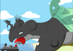 Size: 819x576 | Tagged: artist needed, source needed, safe, character:queen chrysalis, chrysalapras, cloud, crossover, lapras, licking, licking lips, macro, pokefied, pokémon, ship, species swap, tongue out, water