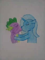 Size: 2448x3264 | Tagged: artist needed, safe, character:spike, character:trixie, ship:spixie, female, hug, kissing, love, male, shipping, straight, traditional art