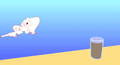 Size: 393x215 | Tagged: artist needed, safe, artist:sile-animus, oc, oc only, oc:sile, species:pony, species:unicorn, animated, blue background, chocolate, chocolate milk, cup, food, gif, gradient background, male, meme, milk, ms paint, open mouth, reaching, short, simple background, smiling, smirk, smol, solo, stallion, stubby, this will end in spilled milk