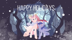 Size: 1920x1080 | Tagged: artist needed, safe, oc, oc only, oc:iris, oc:lilyana, species:alicorn, species:pony, alicorn oc, antlers, christmas, clothing, duo, female, forest, hat, holiday, looking at you, mare, reindeer antlers, santa hat, scarf, smiling, snow, snowfall, spread wings, starved for light, tree, underhoof, wings, winter