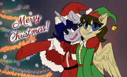 Size: 5894x3607 | Tagged: artist needed, safe, oc, oc only, oc:chance mccoy, oc:moonlit silver, species:pegasus, species:pony, species:unicorn, christmas, clothing, costume, cute, duo, holiday, pegasus oc, santa costume, tree, wings