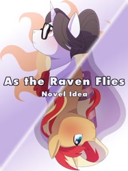 Size: 767x1024 | Tagged: artist needed, safe, character:raven inkwell, character:sunset shimmer, species:pony, species:unicorn, ascot, bacon, bacon hair, cover, cover art, fanfic, fanfic art, female, food, glasses, hair bun, mare, meat, secretary