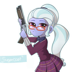 Size: 800x800 | Tagged: artist needed, source needed, safe, character:sugarcoat, my little pony:equestria girls, bow tie, clothing, crystal prep academy uniform, female, glasses, gun, looking at you, pigtails, plaid skirt, pleated skirt, school uniform, simple background, skirt, solo, twintails, weapon, white background