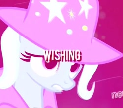 Size: 600x525 | Tagged: artist needed, source needed, safe, character:trixie, species:pony, species:unicorn, episode:magic duel, g4, my little pony: friendship is magic, aesthetics, cape, clothing, female, hat, hue, implied starlight glimmer, looking at someone, rose-tinted overlay, solo, stars, trixie's cape, trixie's hat, vaporwave, wish