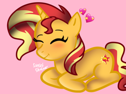 Size: 2048x1536 | Tagged: artist needed, safe, character:sunset shimmer, species:pony, species:unicorn, cute, eyes closed, female, heart, mare, pink background, prone, shimmerbetes, simple background, solo