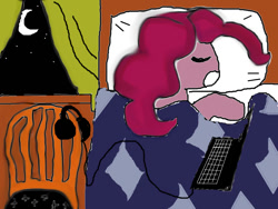 Size: 800x600 | Tagged: artist needed, safe, character:pinkie pie, 1000 hours in ms paint, bed, computer, headphones, laptop computer, night, sleeping, solo