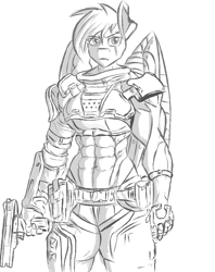 Size: 655x829 | Tagged: artist needed, source needed, safe, character:rainbow dash, species:anthro, abs, alternate timeline, amputee, apocalypse dash, armor, artificial wings, augmented, clothing, crystal war timeline, female, gloves, gun, lineart, monochrome, muscles, prosthetic limb, prosthetic wing, prosthetics, rainbuff dash, sketch, solo, torn ear, uniform, weapon, wings