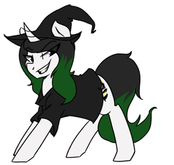 Size: 683x649 | Tagged: artist needed, safe, oc, oc:vex vixen, species:pony, species:unicorn, clothing, costume, evil grin, grin, hat, smiling, witch, witch hat