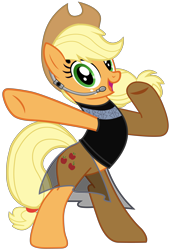 Size: 5372x7874 | Tagged: artist needed, source needed, safe, part of a set, character:applejack, species:pony, bipedal, black dress, clothing, dress, female, headset, looking at you, mare, simple background, smiling, solo, transparent background, vector