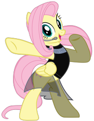 Size: 5911x7578 | Tagged: artist needed, source needed, safe, part of a set, character:fluttershy, species:pony, bipedal, black dress, clothing, dress, female, headset, looking at you, mare