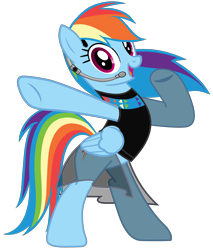 Size: 6472x7614 | Tagged: artist needed, source needed, safe, part of a set, character:rainbow dash, species:pony, bipedal, black dress, clothing, dress, female, headset, looking at you, mare, simple background, smiling, solo, transparent background, vector