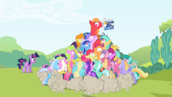 Size: 1920x1080 | Tagged: source needed, safe, edit, edited screencap, screencap, character:amethyst star, character:apple bloom, character:berry punch, character:berryshine, character:big mcintosh, character:bon bon, character:carrot top, character:cherry berry, character:cloud kicker, character:daisy, character:dizzy twister, character:golden harvest, character:lemon hearts, character:linky, character:lyra heartstrings, character:minuette, character:orange swirl, character:sassaflash, character:scootaloo, character:sea swirl, character:shoeshine, character:sparkler, character:spring melody, character:sprinkle medley, character:sunshower raindrops, character:sweetie belle, character:sweetie drops, character:twilight sparkle, character:twilight sparkle (unicorn), character:twinkleshine, species:earth pony, species:pegasus, species:pony, species:unicorn, episode:lesson zero, g4, my little pony: friendship is magic, bear, bush, cloud, coronavirus, covid-19, cutie mark, cutie mark crusaders, day, dust, equal sign, female, fight, filly, freckles, grass, grass field, heart eyes, hill, male, mare, messy mane, numbers, outdoors, season 2, sky, stallion, standing, symbol, text, toilet paper, tree, wall of tags, want it need it, wingding eyes, xk-class end-of-the-world scenario, yoke