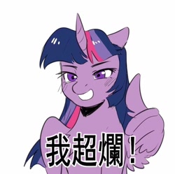 Size: 1046x1043 | Tagged: artist needed, safe, character:twilight sparkle, character:twilight sparkle (alicorn), species:alicorn, species:pony, chinese, female, grin, mare, meme, ponified meme, simple background, smiling, solo, thumbs up, translated in the comments, white background, wing gesture, wing hands, wings