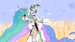 Size: 954x533 | Tagged: artist needed, source needed, safe, character:princess celestia, oc, oc:light knight, species:pony, armor, horse riding a horse, knight, lightestia, ponies riding ponies, princess celestia is a horse, riding, sword, weapon