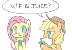 Size: 720x504 | Tagged: artist needed, safe, character:applejack, character:fluttershy, species:earth pony, species:pegasus, species:pony, applejack is not amused, duo, female, grape juice, juice, juice box, mare, no pupils, simple background, text, unamused, white background