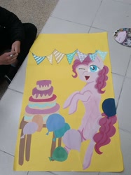 Size: 1511x2015 | Tagged: artist needed, source needed, safe, character:pinkie pie, species:earth pony, species:pony, balloon, cake, cute, diapinkes, food, irl, one eye closed, photo, traditional art, wink