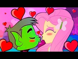 Size: 640x480 | Tagged: artist needed, safe, character:fluttershy, my little pony:equestria girls, beast boy, blushing, crossover, crossover shipping, female, flutterbeast, imminent kissing, male, shipping, straight, teen titans, teen titans go