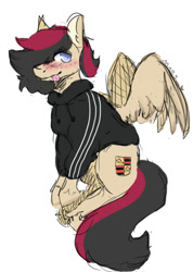 Size: 436x612 | Tagged: artist needed, safe, oc, oc only, oc:porsche speedwings, species:pegasus, species:pony, adidas, blep, blue eyes, blushing, clothing, colored sketch, hoodie, looking at you, pegasus oc, requested art, solo, tongue out, tracksuit, wings