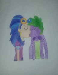 Size: 2005x2605 | Tagged: artist needed, safe, character:indigo zap, character:spike, my little pony:equestria girls, female, human spike, kissing, male, shipping, spike gets all the crystal prep, spike gets all the equestria girls, spindigo, straight, traditional art