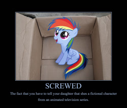 Size: 966x828 | Tagged: artist needed, source needed, safe, character:rainbow dash, species:pegasus, species:pony, fanfic:my little dashie, black background, box, demotivational poster, female, filly, foal, meme, pony in a box, simple background, solo, vector