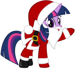 Size: 1138x1024 | Tagged: artist needed, safe, character:twilight sparkle, species:pony, species:unicorn, beard, belt, boots, christmas, clothing, costume, facial hair, fake beard, female, gloves, hat, holiday, looking at you, mare, raised hoof, santa beard, santa claus, santa costume, santa hat, shoes, simple background, solo, transparent background, vector
