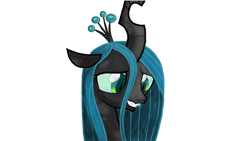 Size: 1440x814 | Tagged: artist needed, source needed, safe, character:queen chrysalis, species:changeling, colored, cute, cutealis, female, looking down, simple background, smiling, white background