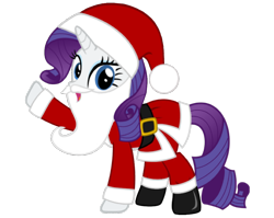Size: 1024x814 | Tagged: artist needed, safe, character:rarity, species:pony, species:unicorn, beard, belt, boots, christmas, clothing, costume, facial hair, fake beard, female, hat, holiday, horn, looking at you, mare, open mouth, raised hoof, santa beard, santa claus, santa costume, santa hat, santa hooves, shoes, simple background, solo, transparent background, vector
