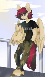 Size: 868x1453 | Tagged: artist needed, safe, oc, oc only, oc:porsche speedwings, species:anthro, species:pegasus, species:pony, species:unguligrade anthro, belt, belt buckle, camo pants, clothing, cloud, cool, earbuds, fence, hands in pockets, horseshoes, leaning, leaning back, listening, looking at phone, pegasus oc, phone, shirt, simple background, solo, t-shirt, tool (band), watermark, wing hands, wings