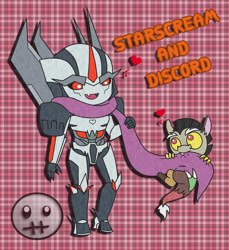Size: 856x934 | Tagged: artist needed, safe, character:discord, species:draconequus, baby, crossover, duo, male, starscream, transformers
