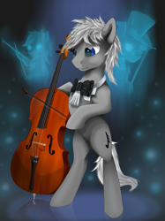 Size: 845x1127 | Tagged: artist needed, safe, oc, oc:jonathan bleak, species:earth pony, species:pony, blue eyes, bow, bow (instrument), bow tie, cello, cello bow, gray coat, male, musical instrument, musician, peaceful, solo, stallion, standing, white mane
